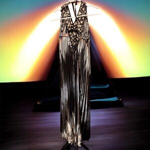 NF Elegant halter maxi Black Silver Evening Dress OS pit to pit 15in length 51in